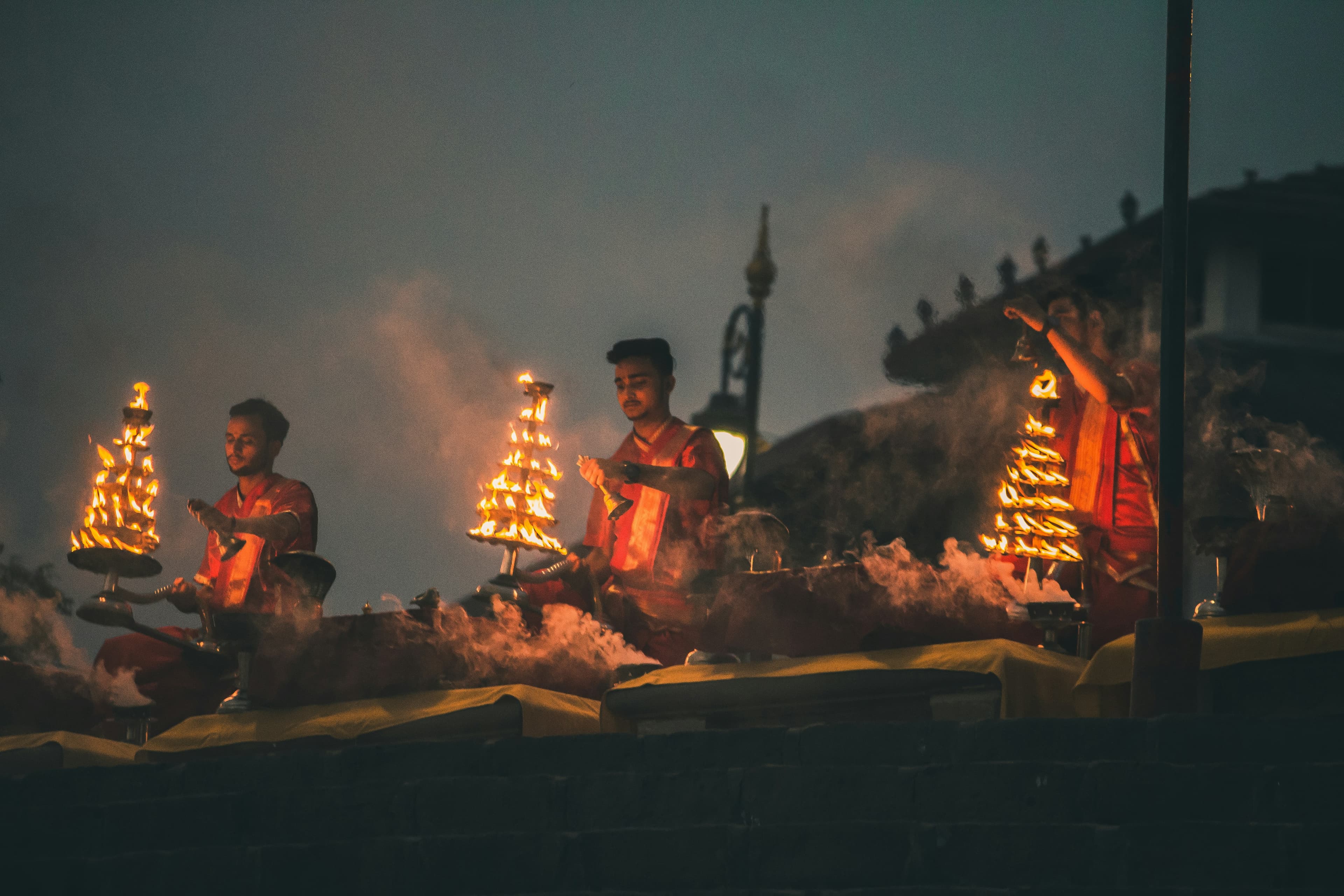 Varanasi ghats glowing at night along the Ganges